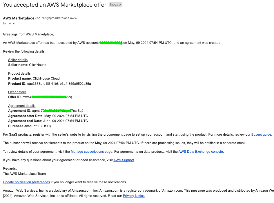 Письмо подтверждения AWS Marketplace